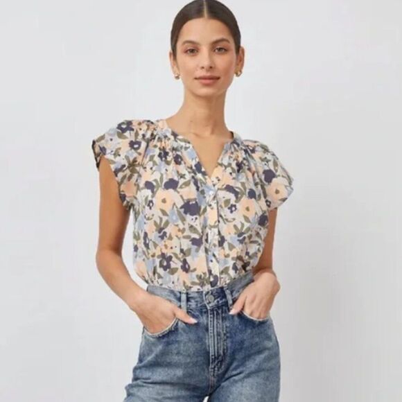 RAILS Alena Mod Floral V-Neck Button Down Short Sleeve Shirt Size Small - Picture 1 of 9